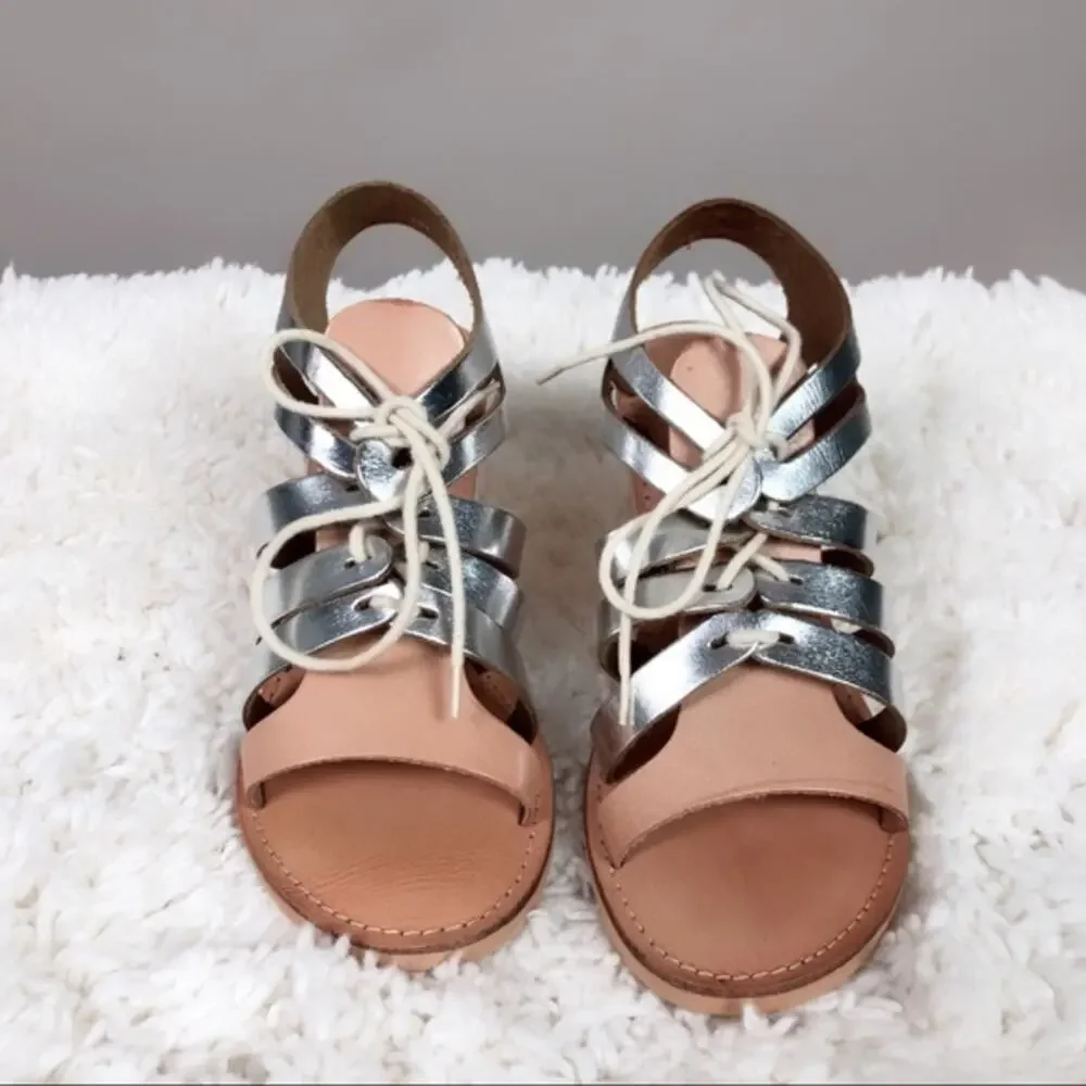 A603 • Silver Leather Wooden Wedge Sandals